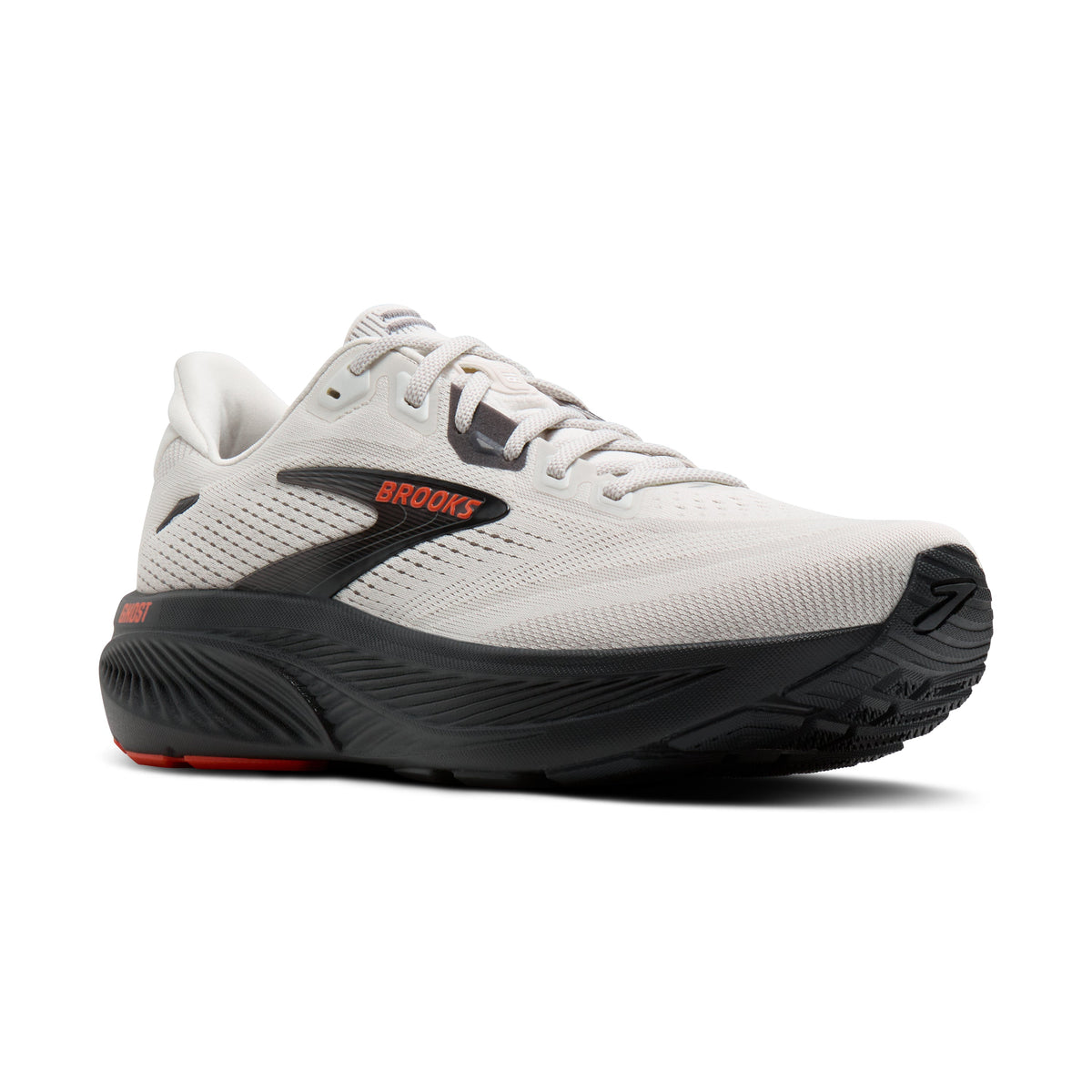 Brooks Ghost 18 men's running shoe in Coconut/Pearl/Tigerlily — angled view