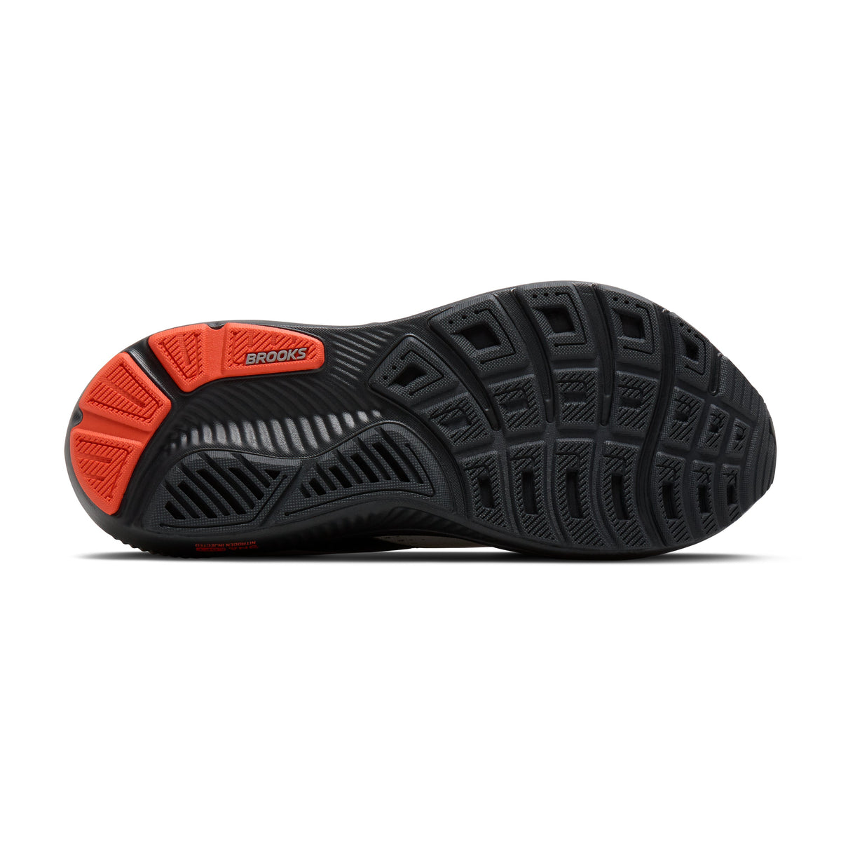 Brooks Ghost 18 men's running shoe in Coconut/Pearl/Tigerlily — outsole view