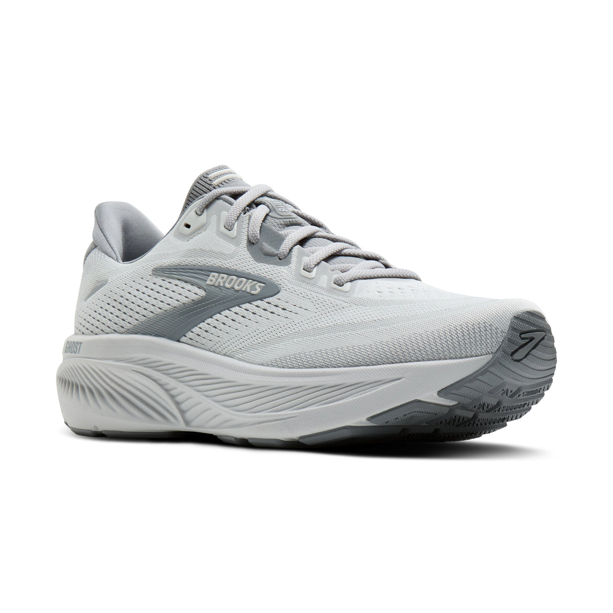 Brooks Ghost 18 men's running shoe in Primer Grey/Oyster Mushroom — angled view
