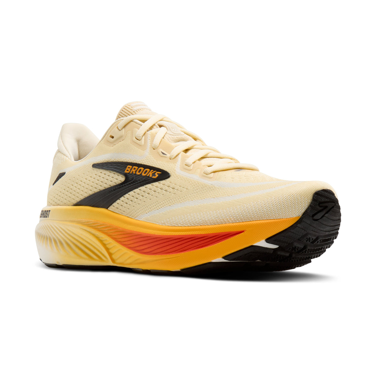 Brooks Ghost 18 men's running shoe in Rutabaga/Tigerlily/Orange — angled view