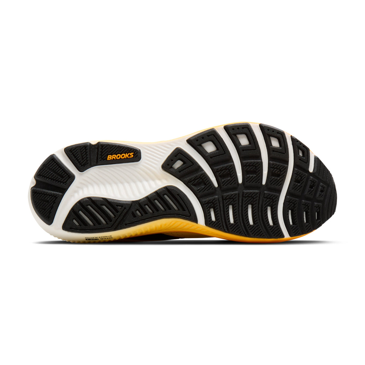 Brooks Ghost 18 men's running shoe in Rutabaga/Tigerlily/Orange — outsole view