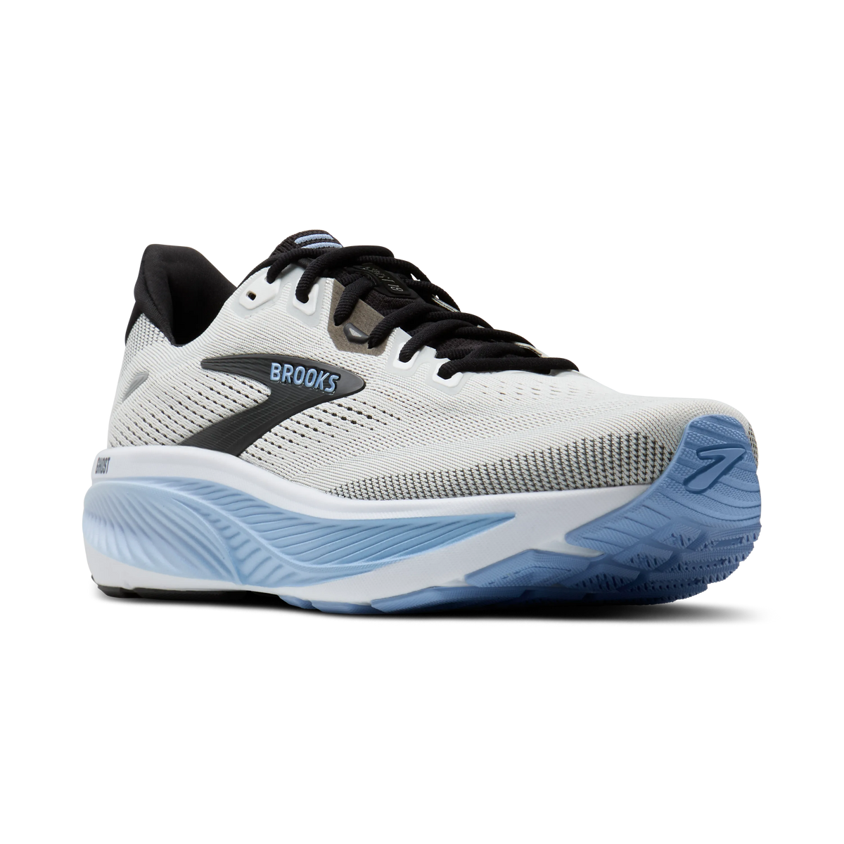 Brooks Ghost 18 men's running shoe in White/Black/Open Air — angled view