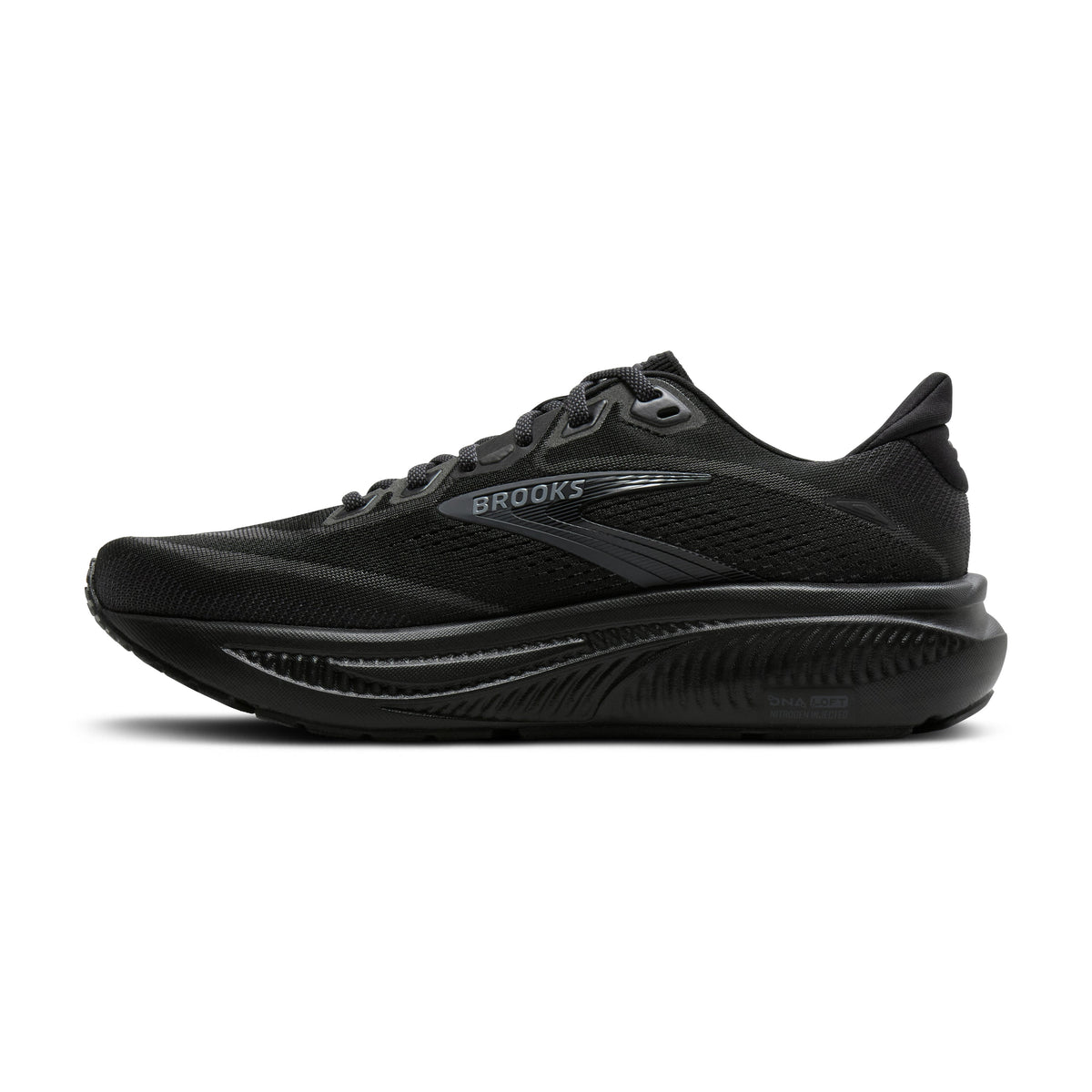 Brooks Ghost 18 women's running shoe in Black/Black/Ebony — medial view