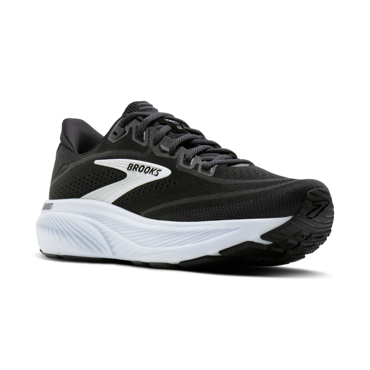 Brooks Ghost 18 women's running shoe in Black/Grey/White — angled view