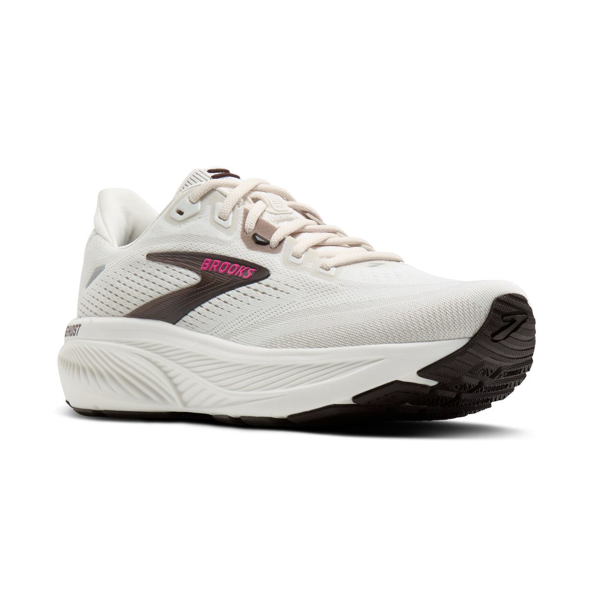Brooks Ghost 18 women's running shoe in Coconut/Coffee/Fuchsia — angled view