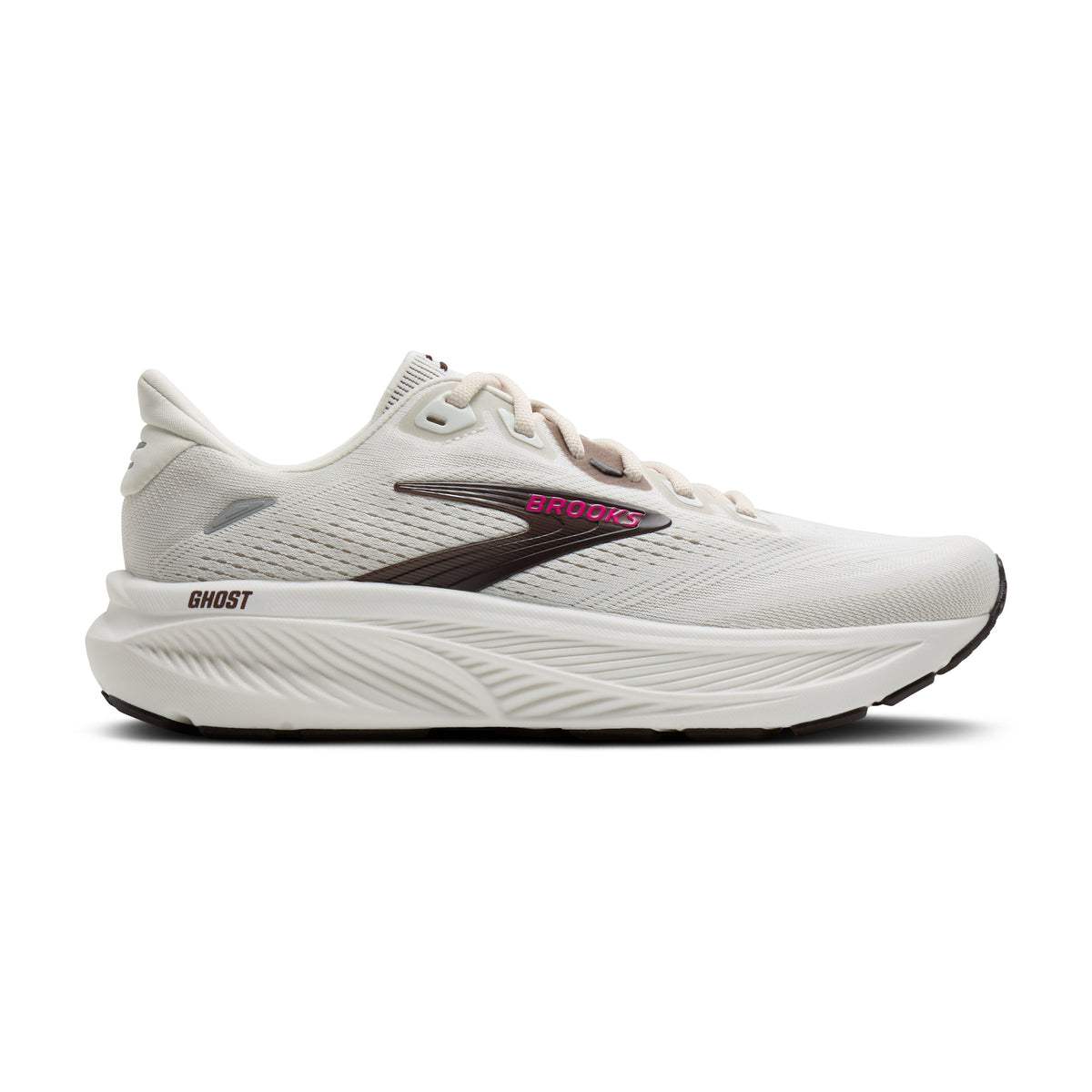 Brooks Ghost 18 women's running shoe in Coconut/Coffee/Fuchsia — lateral view