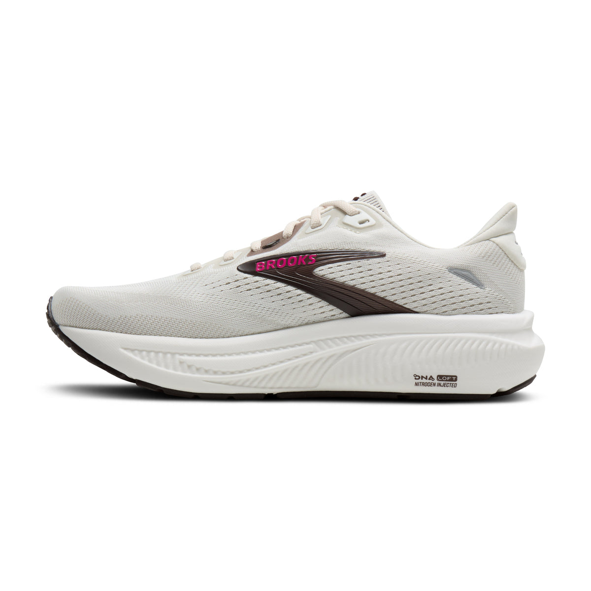 Brooks Ghost 18 women's running shoe in Coconut/Coffee/Fuchsia — medial view