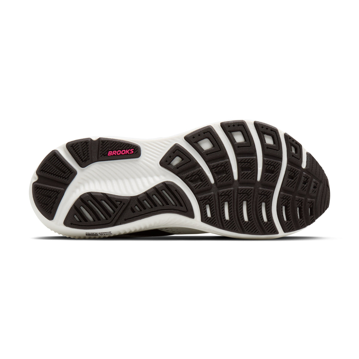 Brooks Ghost 18 women's running shoe in Coconut/Coffee/Fuchsia — outsole view