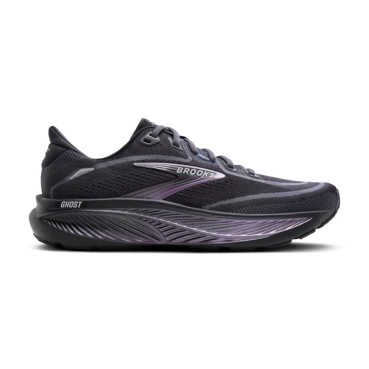 Brooks Ghost 18 women's running shoe in Ebony/Folkstone/Metallic — lateral view