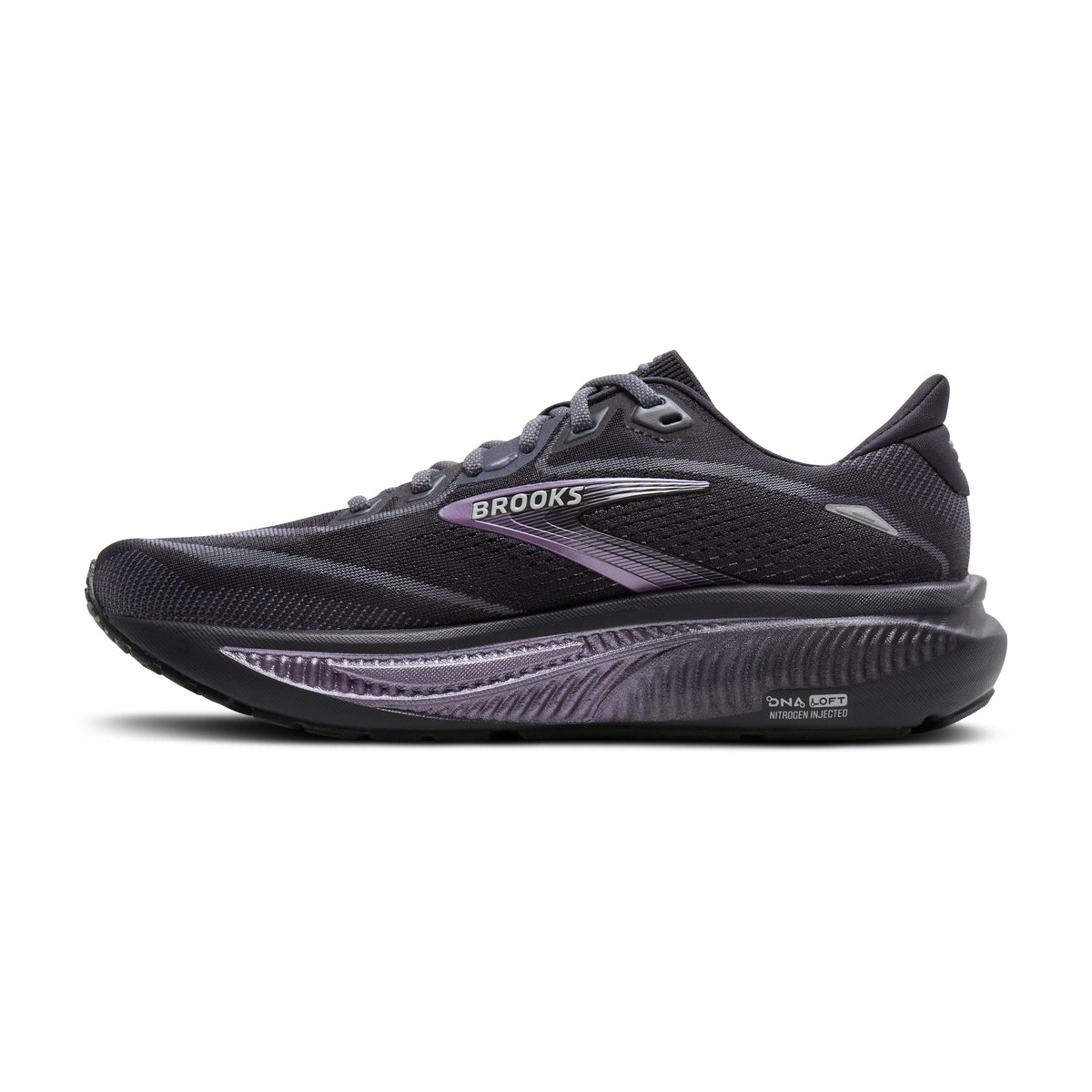 Brooks Ghost 18 women's running shoe in Ebony/Folkstone/Metallic — medial view
