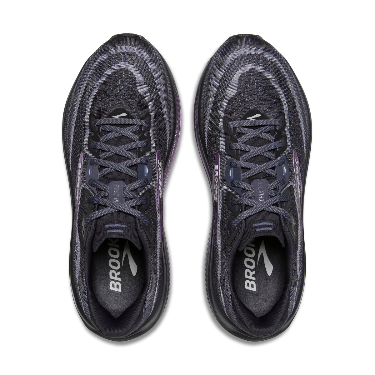 Brooks Ghost 18 women's running shoe in Ebony/Folkstone/Metallic — top view