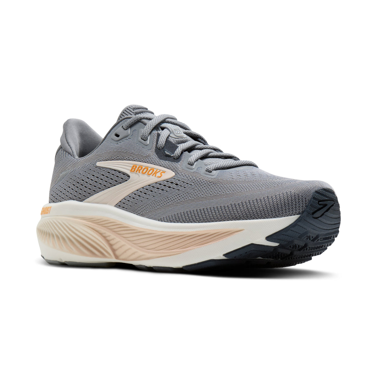 Brooks Ghost 18 women's running shoe in Grey/Morganite/Coconut — angled view