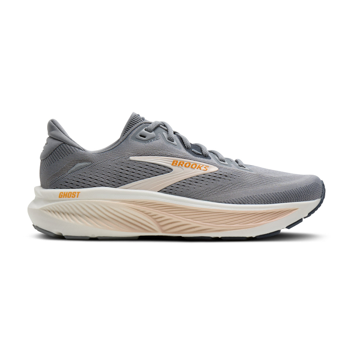 Brooks Ghost 18 women's running shoe in Grey/Morganite/Coconut — lateral view