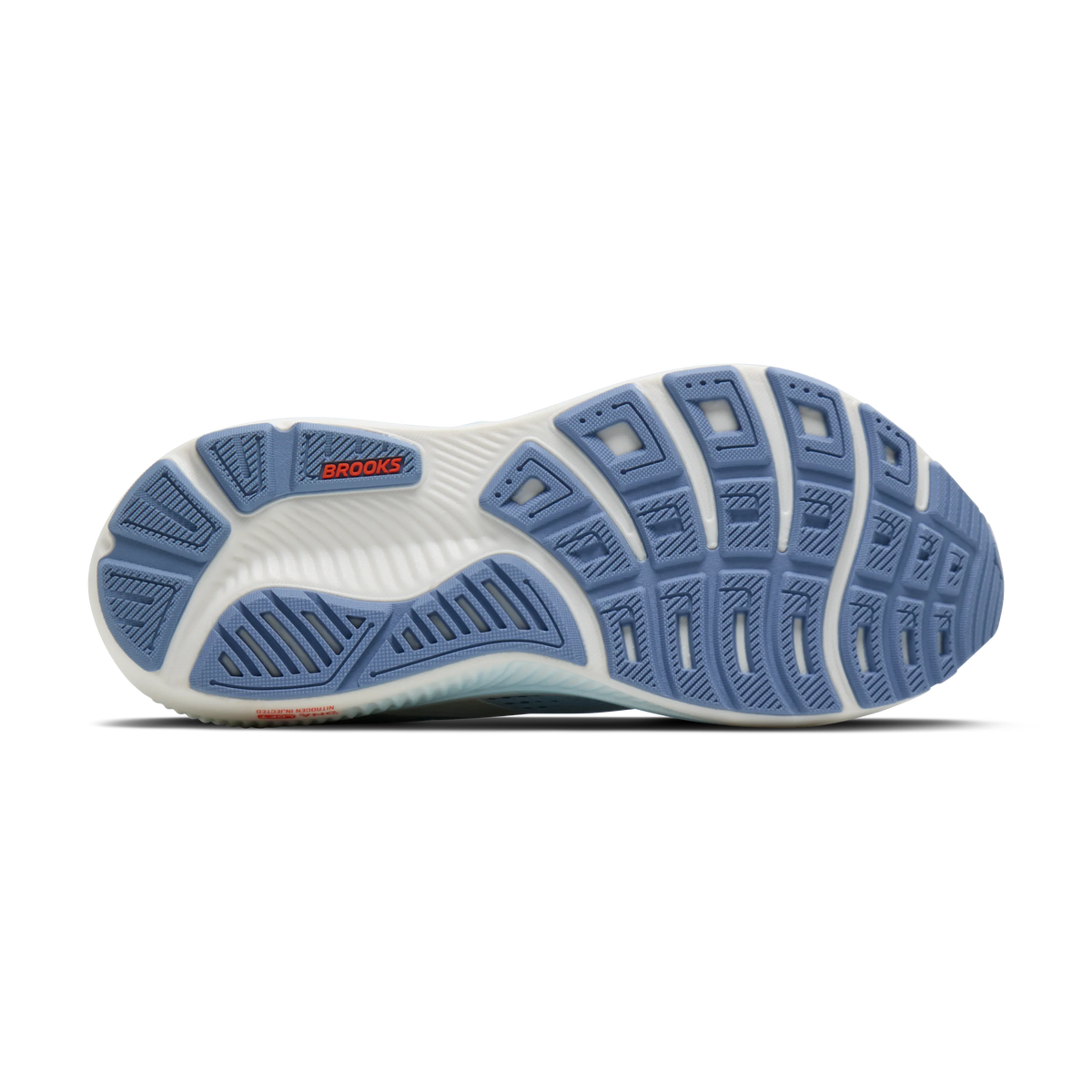 Brooks Ghost 18 women's running shoe in Nantucket/Tigerlily/Coconut — outsole view