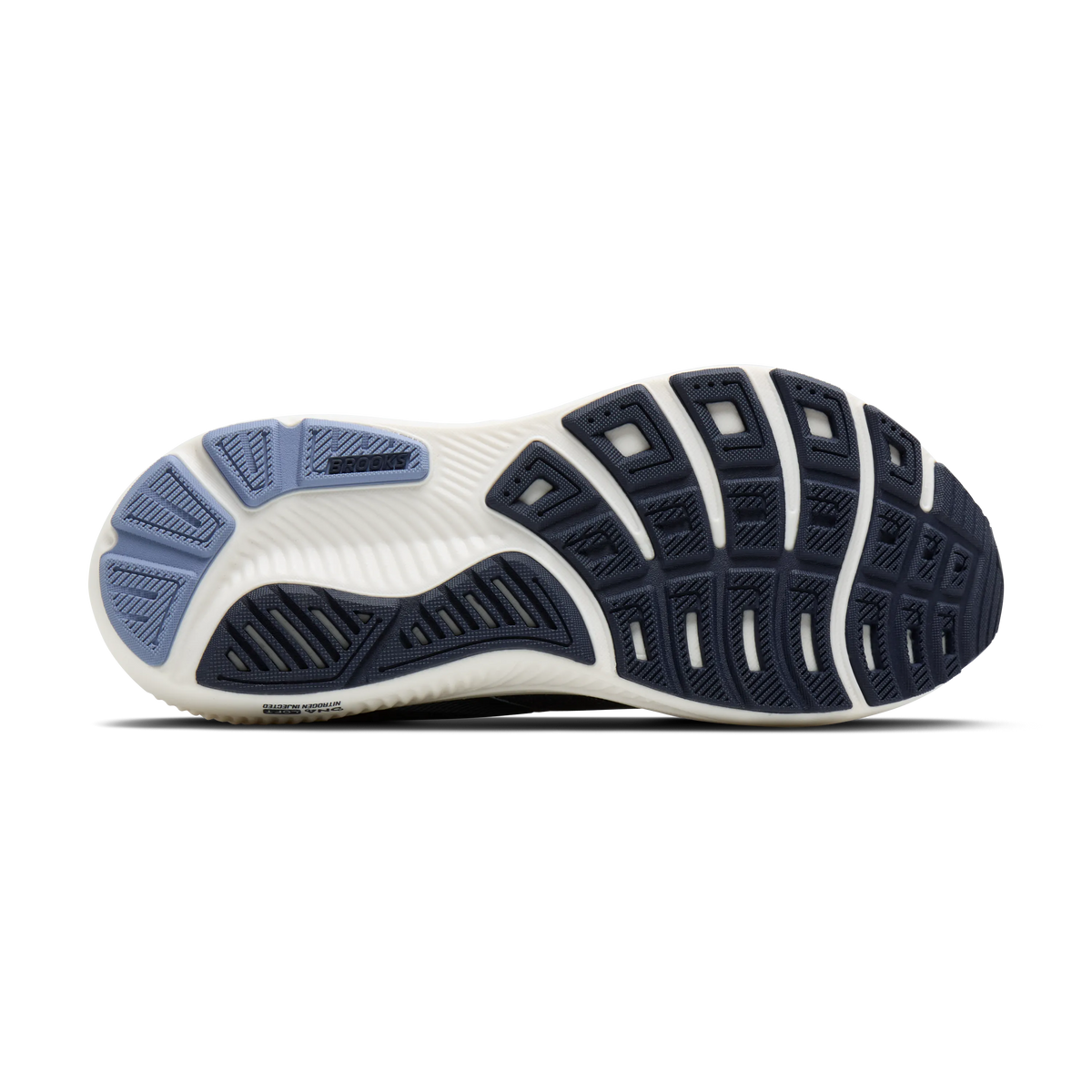 Brooks Ghost 18 women's running shoe in Navy/Rain Washed/Coconut — outsole view