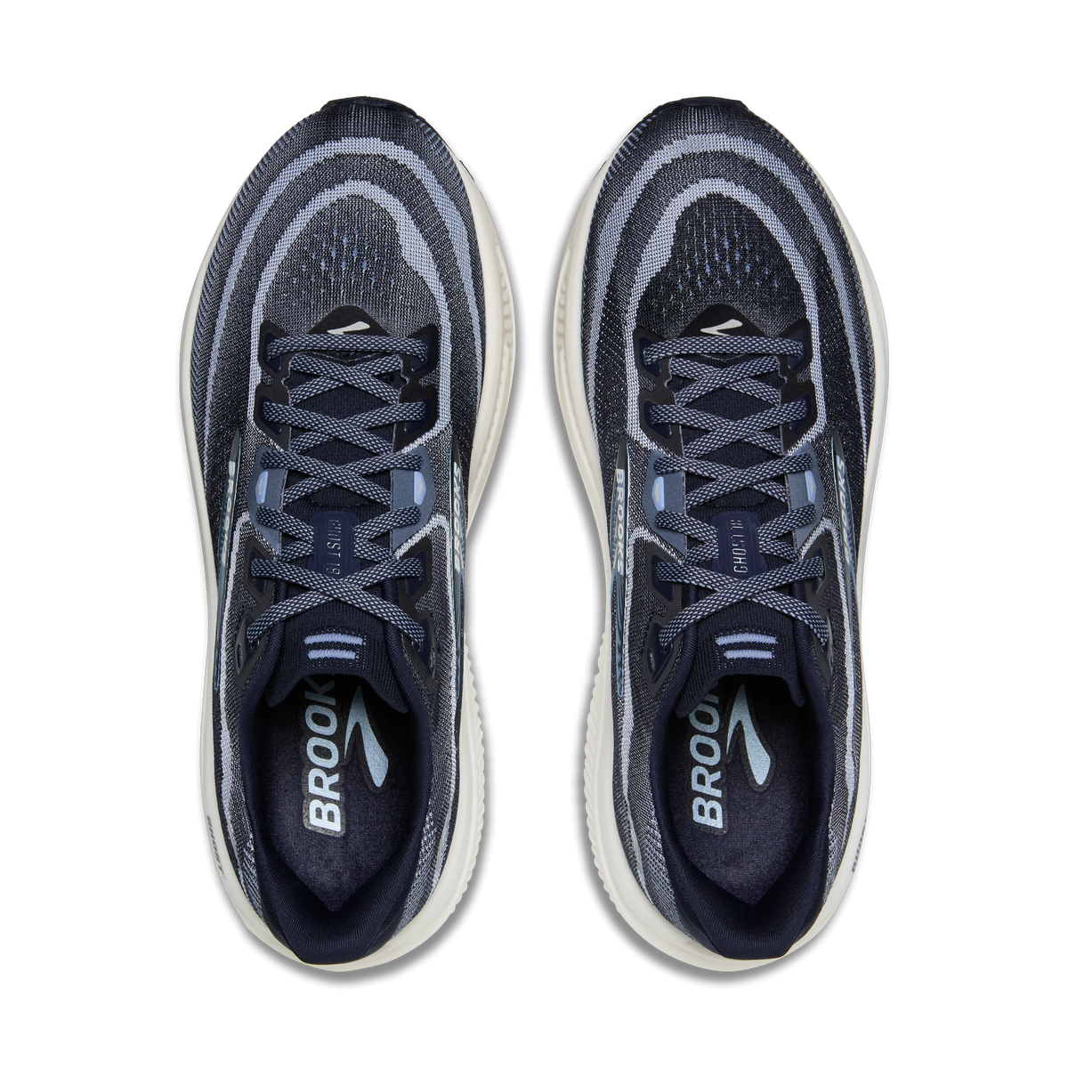 Brooks Ghost 18 women's running shoe in Navy/Rain Washed/Coconut — top view