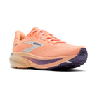 Brooks Ghost 18 women's running shoe in Peach/Grape/Coconut — angled view