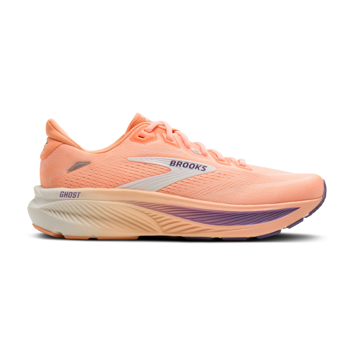 Brooks Ghost 18 women's running shoe in Peach/Grape/Coconut — lateral view
