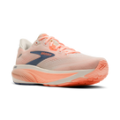 Brooks Ghost 18 women's running shoe in Star White/Cyber Peach/Grey — angled view
