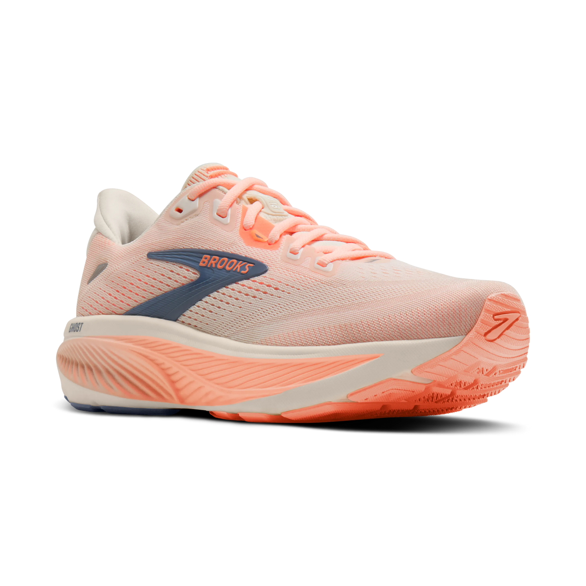 Brooks Ghost 18 women's running shoe in Star White/Cyber Peach/Grey — angled view