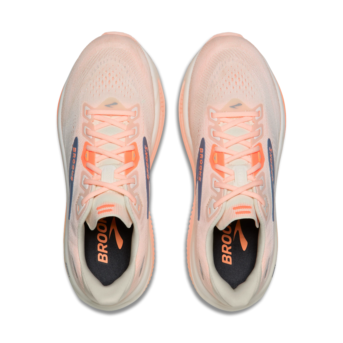 Brooks Ghost 18 women's running shoe in Star White/Cyber Peach/Grey — top view