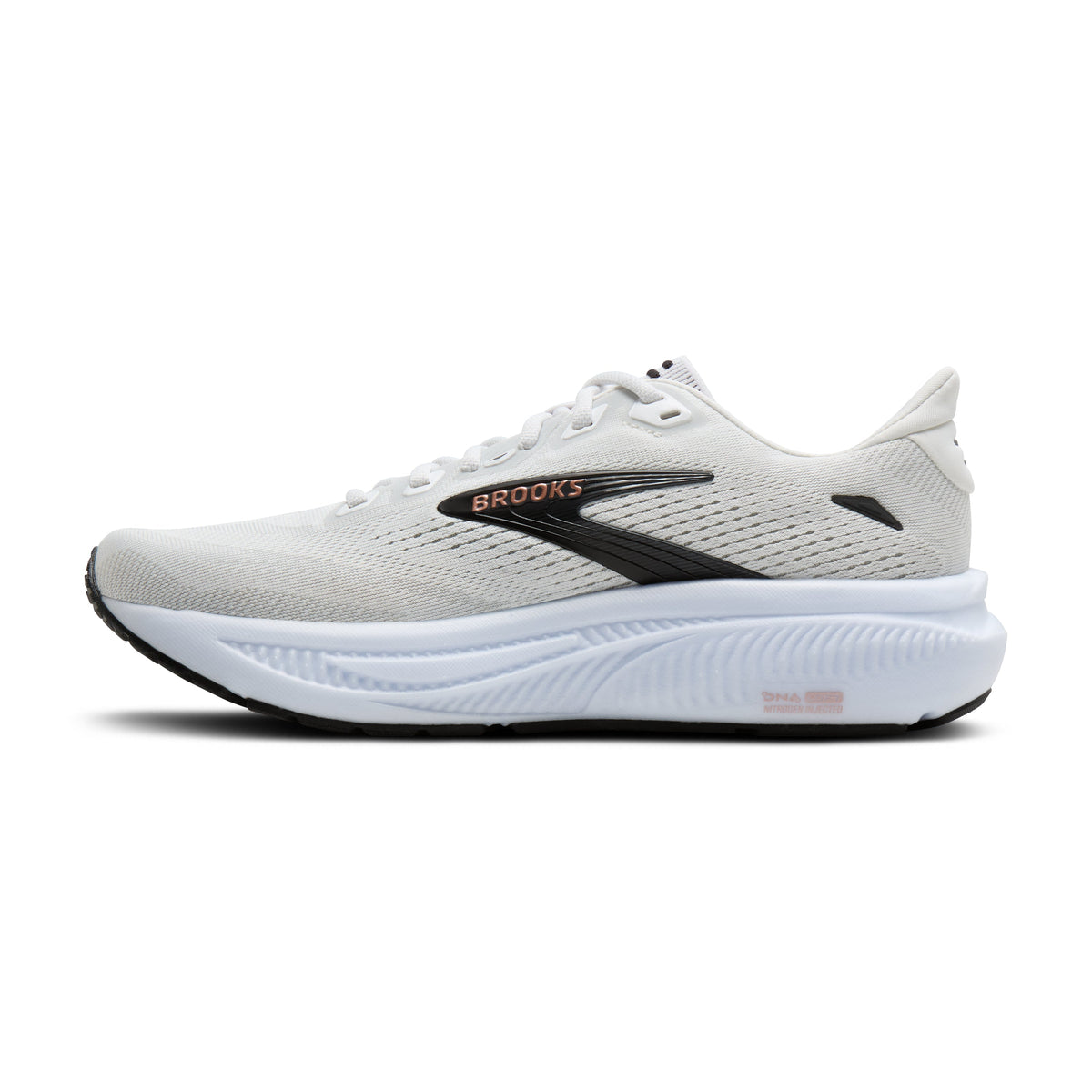 Brooks Ghost 18 women's running shoe in White/Black/Rose Gold — medial view