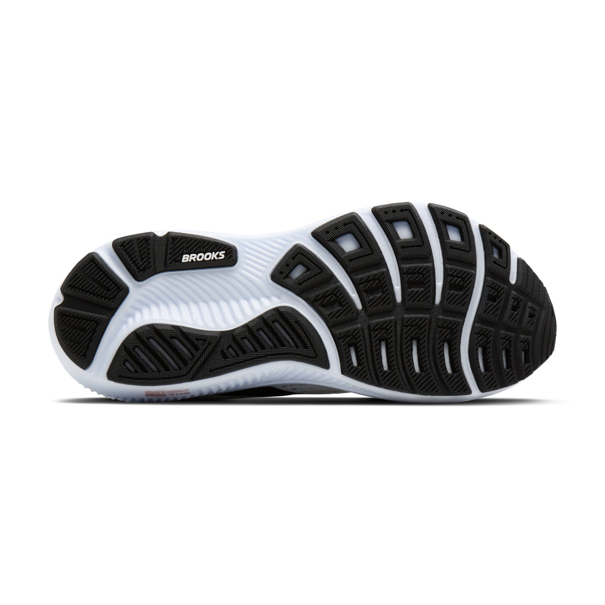 Brooks Ghost 18 women's running shoe in White/Black/Rose Gold — outsole view