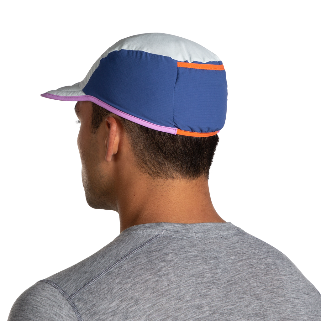 Unisex Brooks Packable Hat. Grey/Blue. Rear/Lateral view.