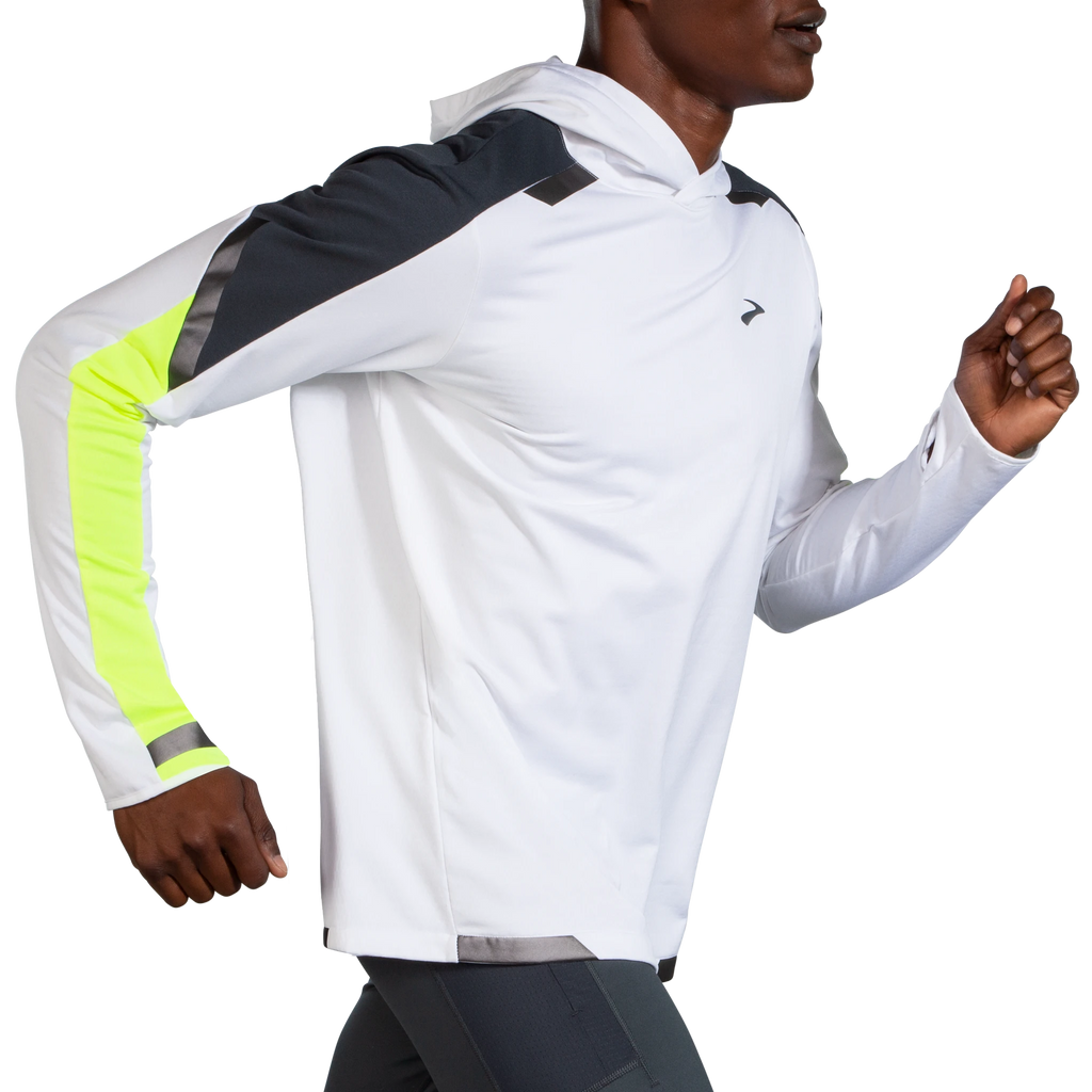 Men's Brooks Run Visible Thermal Hoodie. White/Yellow. Front/Lateral view.