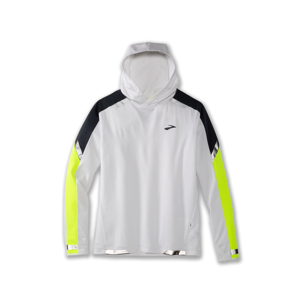 Men's Brooks Run Visible Thermal Hoodie. White/Yellow. Front view.