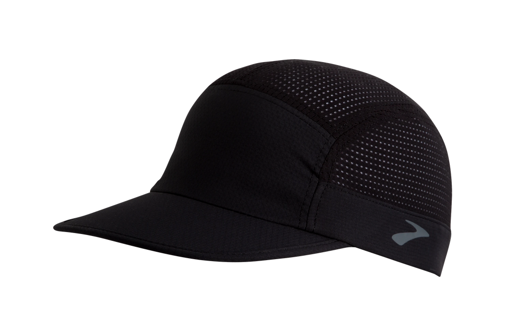 Unisex Brooks Propel Mesh Hat. Black. Front/Lateral view.