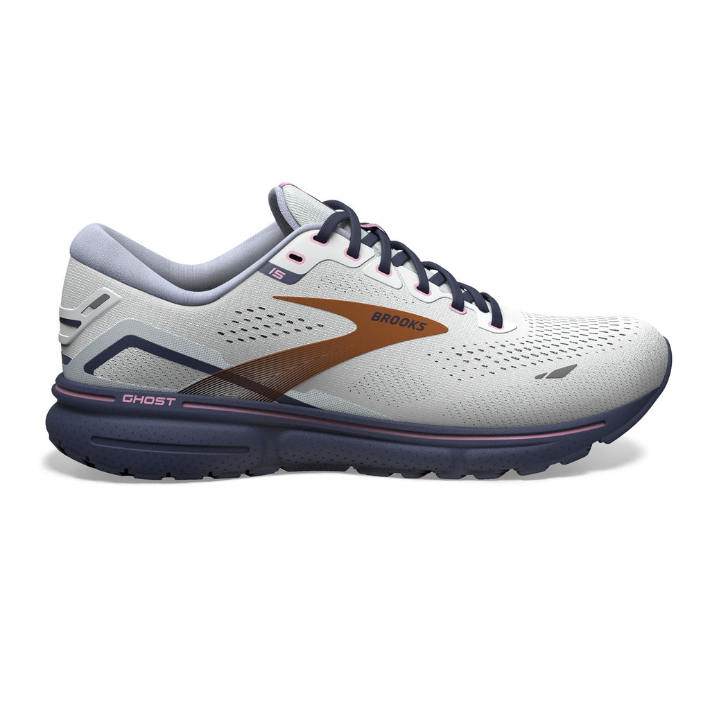 Women's Brooks Ghost 15. Light Grey upper. Navy midsole. Lateral view.