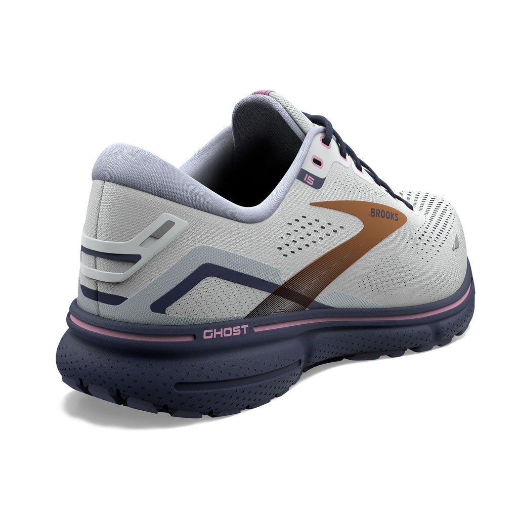 Women's Brooks Ghost 15. Light Grey upper. Navy midsole. Rear/Lateral view.