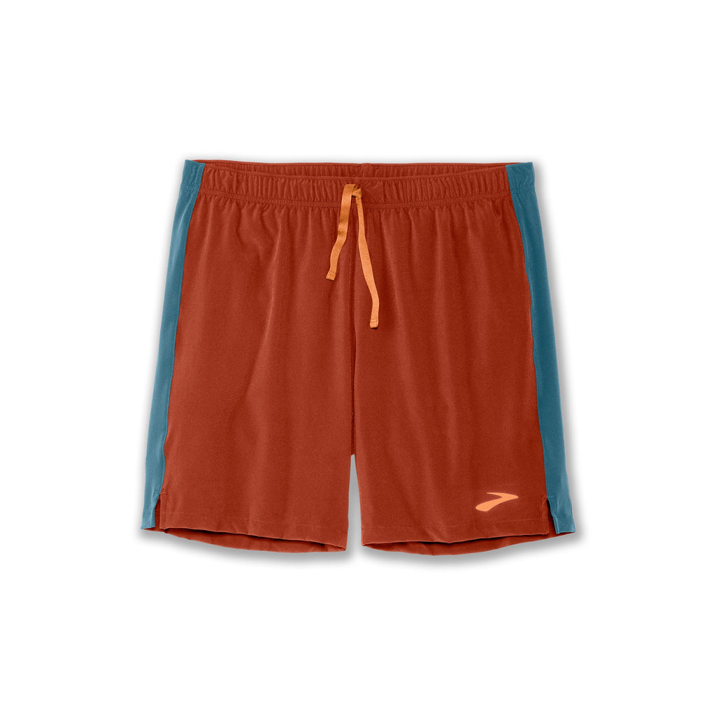 Men's Brooks 7" Moment Shorts. Red. Front view.