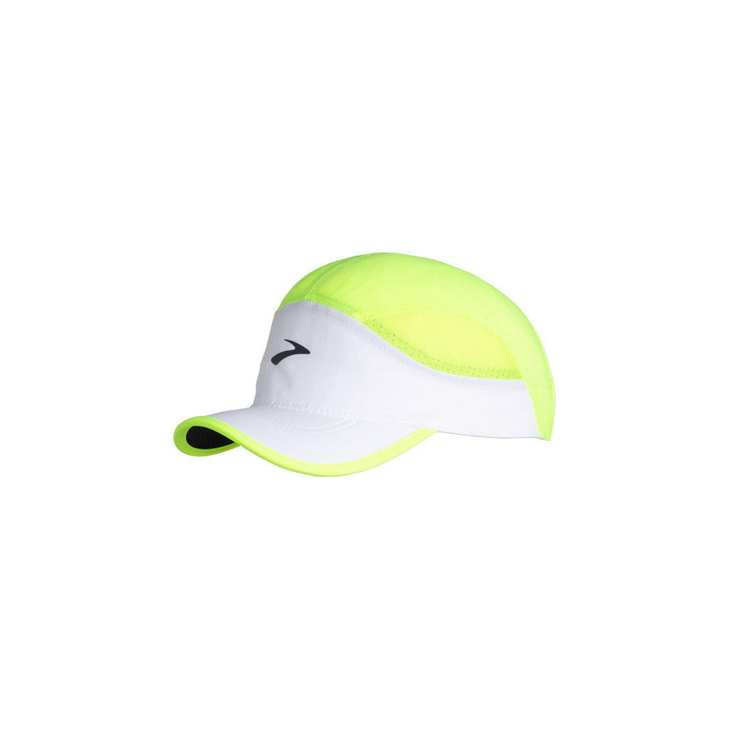 Unisex Brooks Chaser Hat. White/Yellow. Lateral view.