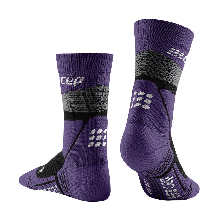 Women's CEP Max Cushion Mid Cut Socks. Purple. Rear/Lateral view.