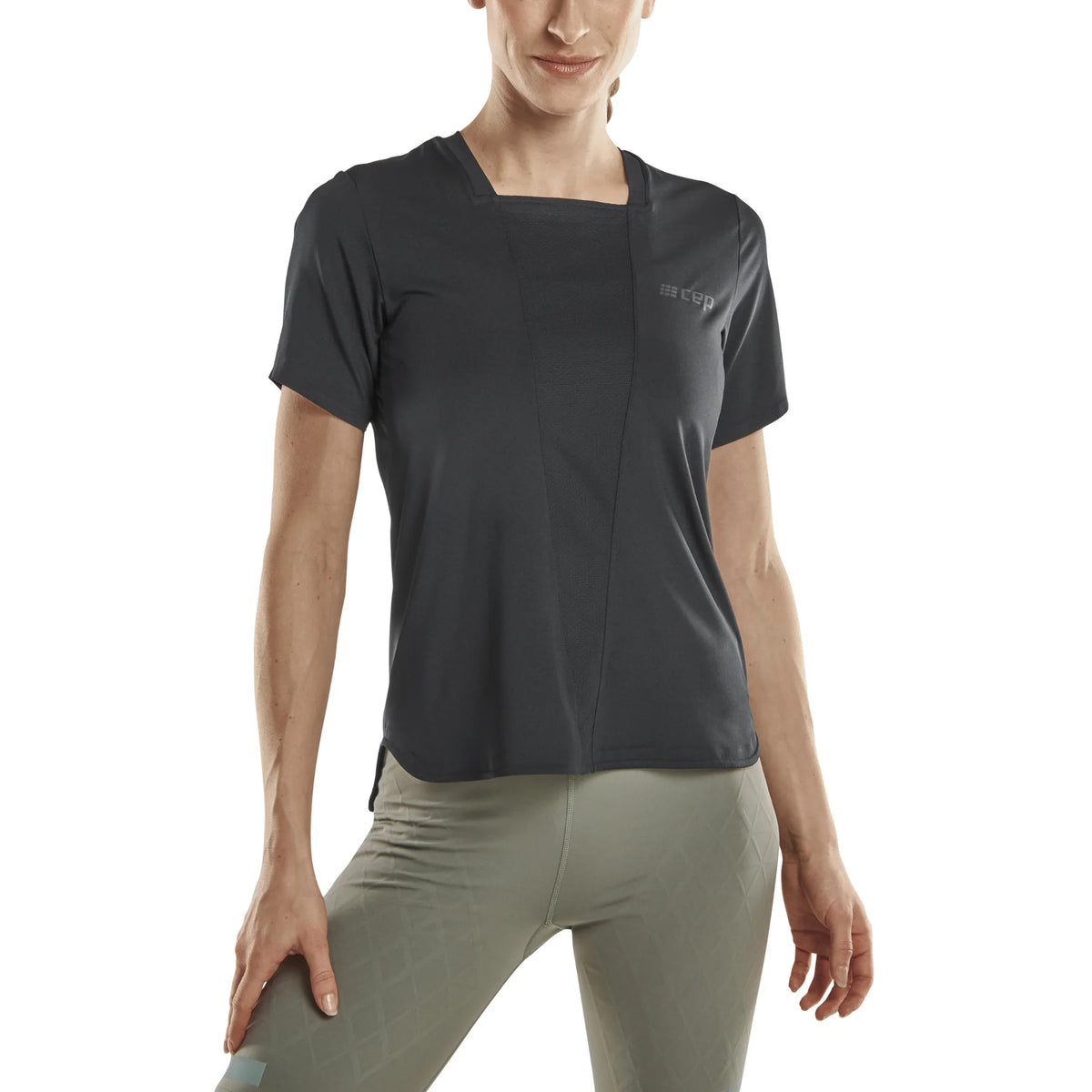 Women's CEP Run Shirt. Black. Front view.
