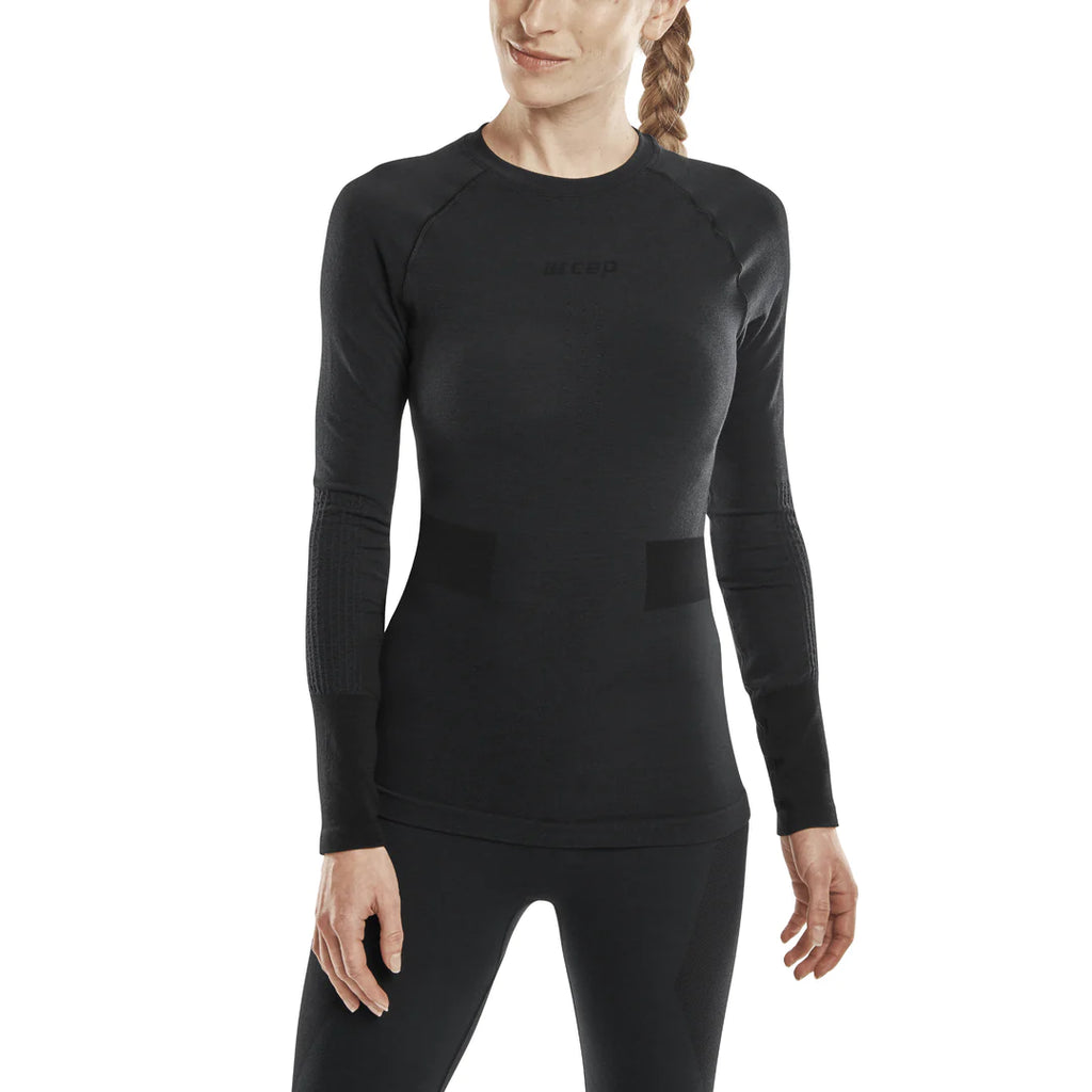 Women's CEP Ski Merino Baselayer. Black. Front view.
