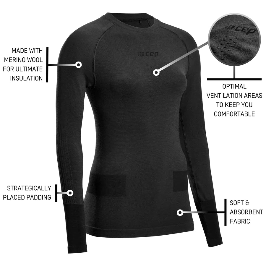 Women's CEP Ski Merino Baselayer. Black. Tech Sheet.
