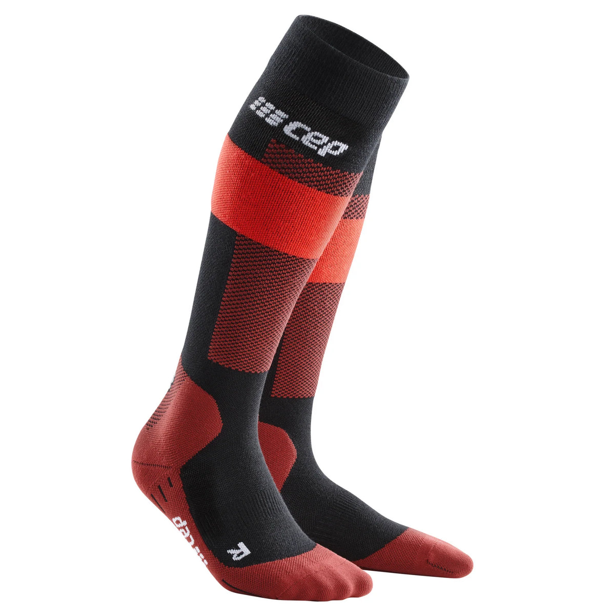 Women's CEP Ski Merino Compression Socks. Red/Black. Lateral view.