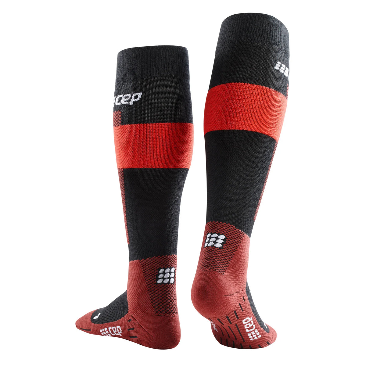 Women's CEP Ski Merino Compression Socks. Red/Black. Rear view.