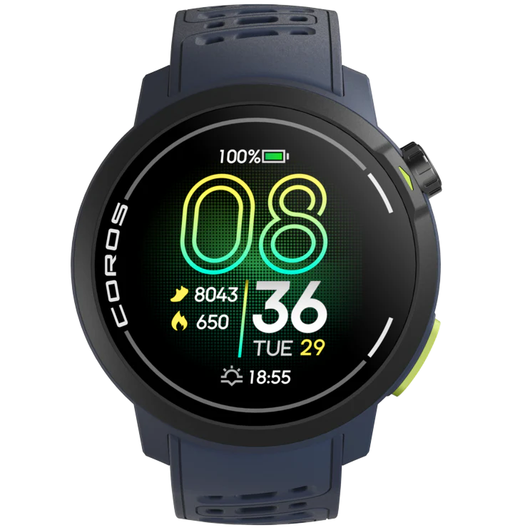 Coros Pace Pro. Blue. Front view.