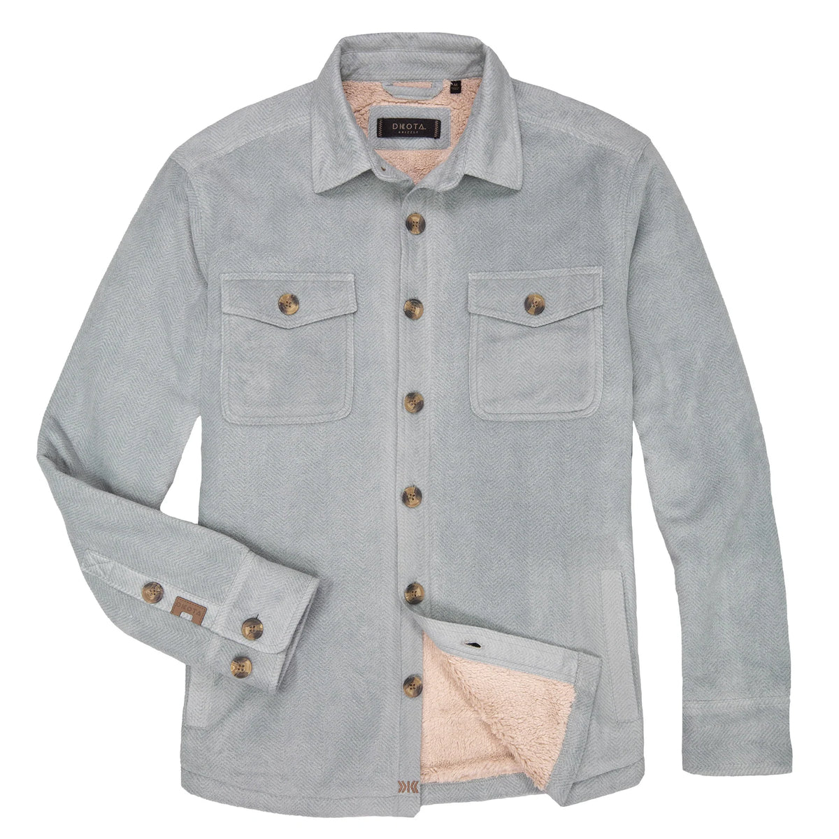 Dakota Grizzly Rocco men's shirt jacket in Silver Blue, front view with chest pockets and sherpa lining