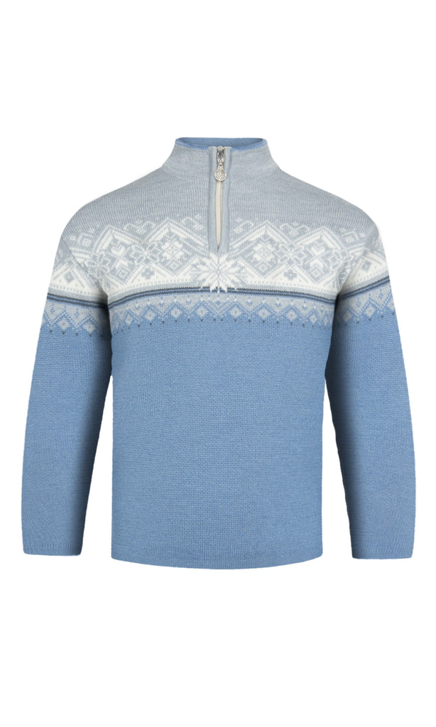 blue sweater with norwegian pattern in white
