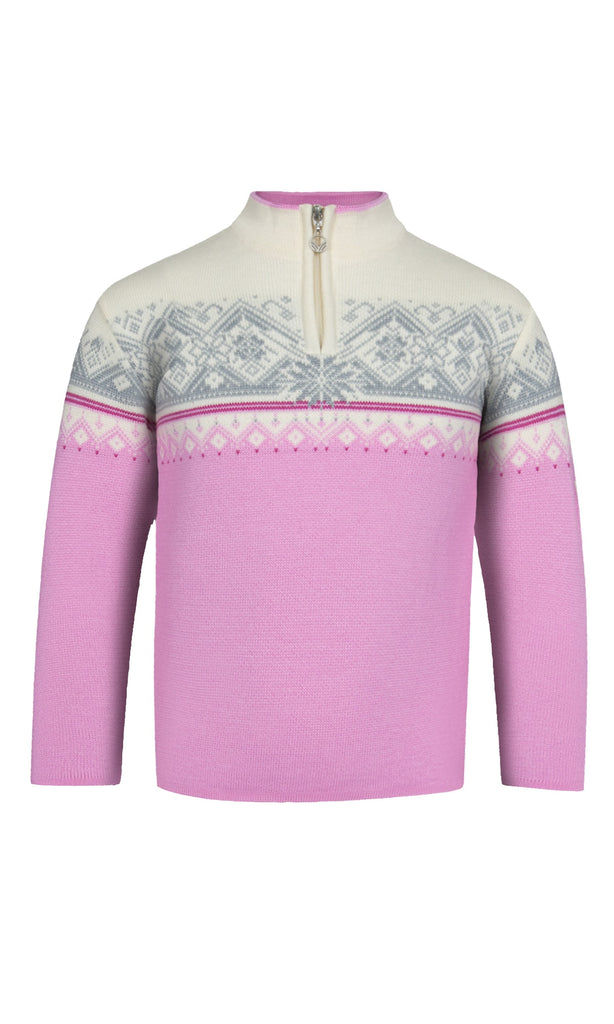 pink sweater with norwegian pattern in white and grey