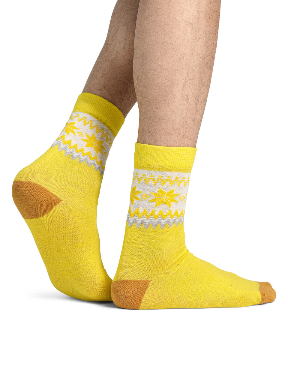 Dale of Norway Myking Crew Socks in Yellow/Mustard/Off White, worn pair