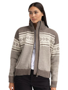 Dale of Norway Vola women's windproof wool jacket in Mid Brown Melange and Off White, modeled front view