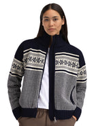 Dale of Norway Vola women's windproof jacket in Navy and Off White, modeled front view with high collar and Nordic pattern