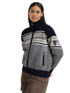 Dale of Norway Vola windproof women's jacket in Navy and Off White, three-quarter modeled view