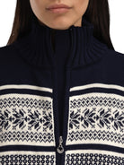 Detail photograph of the Dale of Norway Vola Navy and Off White jacket's wool knit and Nordic pattern